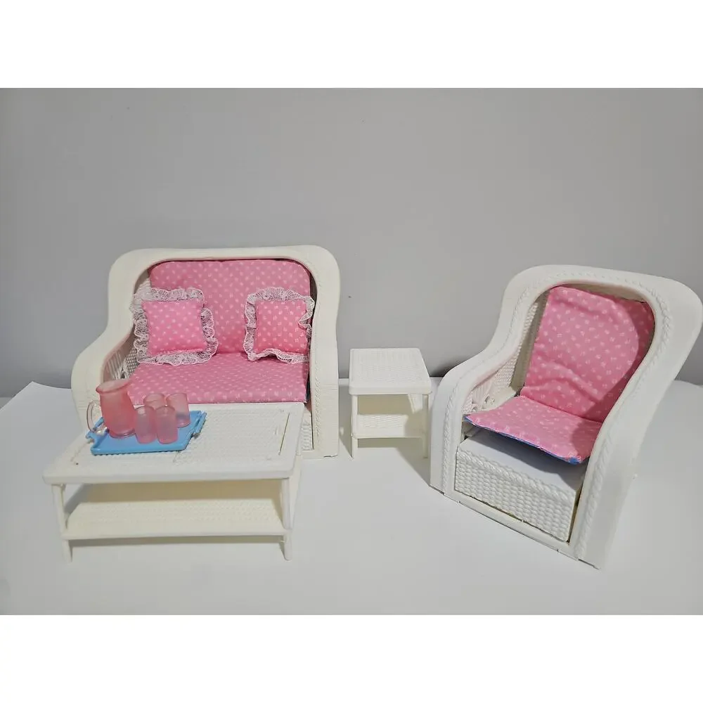 Vintage Barbie Wicker Living Room Set Couch Table Chair Furniture Mattel 1983